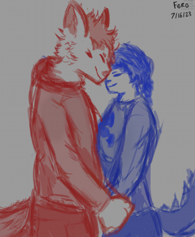 a rough sketch of my character hugging my partner's